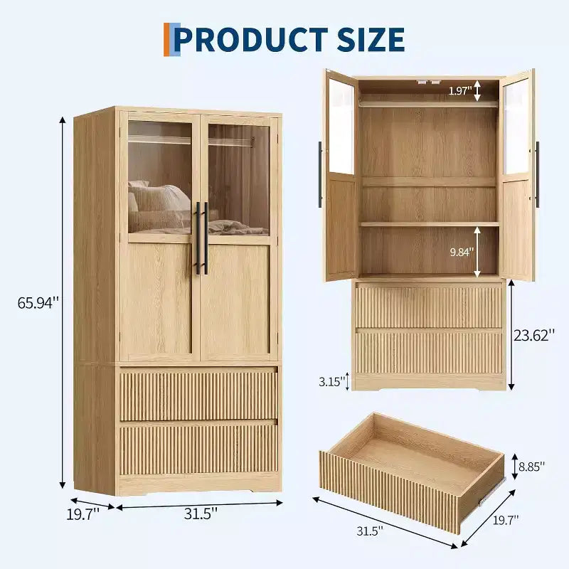 Armoire en bois naturel avec portes vitrées - 2 tiroirs et tringle à vêtements - 80L x 167H cm - Penderie autoportante pour chambre à coucher