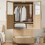 Armoire en bois naturel avec portes vitrées - 2 tiroirs et tringle à vêtements - 80L x 167H cm - Penderie autoportante pour chambre à coucher