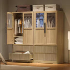 Armoire en bois naturel avec portes vitrées - 2 tiroirs et tringle à vêtements - 80L x 167H cm - Penderie autoportante pour chambre à coucher