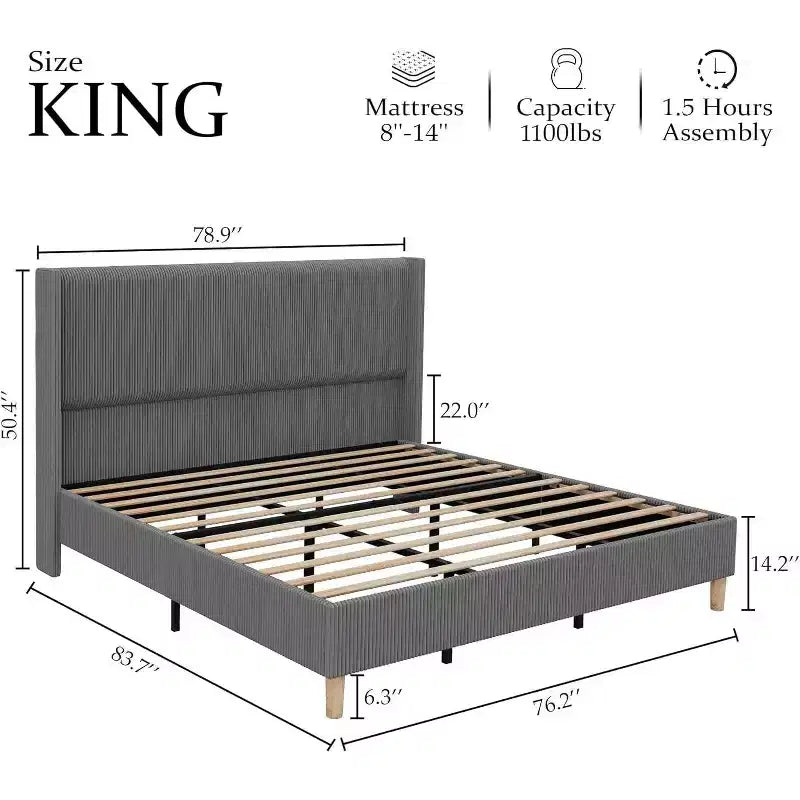 Cadre de lit rembourré grand format, plateforme en velours côtelé avec tête de lit capitonnée à oreilles à canaux verticaux, lattes en bois, sans sommier, gris