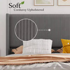 Cadre de lit rembourré grand format, plateforme en velours côtelé avec tête de lit capitonnée à oreilles à canaux verticaux, lattes en bois, sans sommier, gris