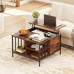 Zeus & Ruta 31.5 Farmhouse Lift-Top Coffee Table with Adjustable Height, Hidden Compartment & 3 Shelves for Living Room