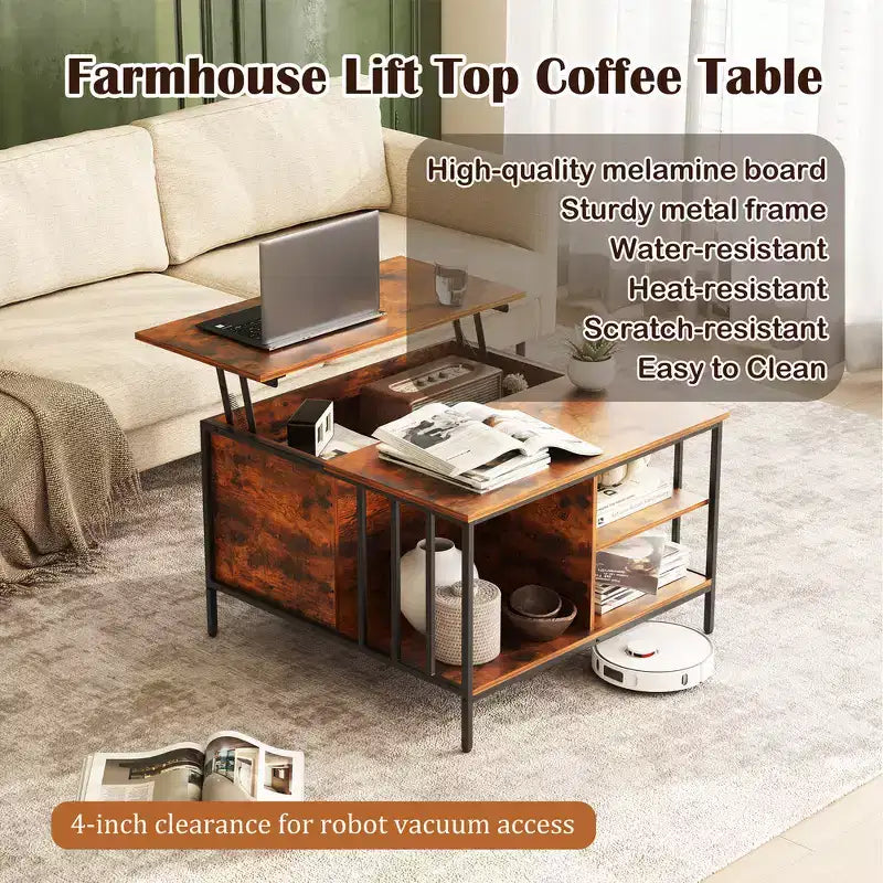 Table basse de ferme relevable de 31,5 po avec rangement caché et étagères ouvertes