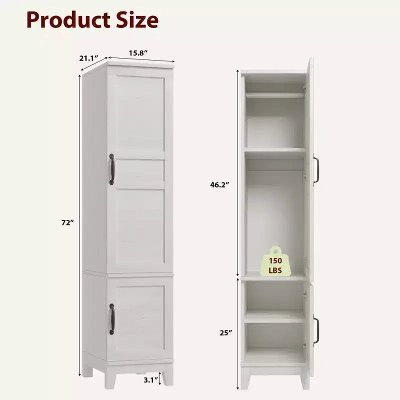 Armoire à 2 portes, armoire penderie de 72 po avec tringle de suspension, armoire étroite et haute avec 18 étagères réglables pour chambre à coucher