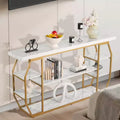 Console en marbre, table console moderne à 3 niveaux avec rangement ouvert, cadre géométrique en fer doré