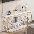 Console en marbre, table console moderne à 3 niveaux avec rangement ouvert, cadre géométrique en fer doré