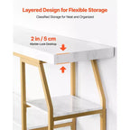 Console en marbre, table console moderne à 3 niveaux avec rangement ouvert, cadre géométrique en fer doré