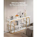 Console en marbre, table console moderne à 3 niveaux avec rangement ouvert, cadre géométrique en fer doré