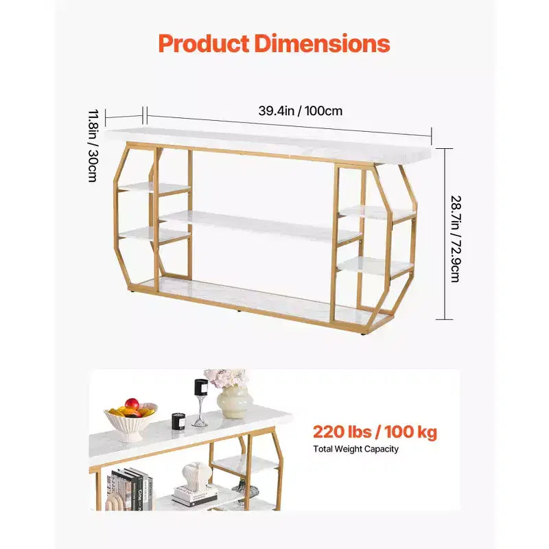 Console en marbre, table console moderne à 3 niveaux avec rangement ouvert, cadre géométrique en fer doré