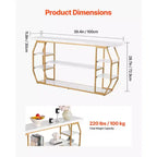 Console en marbre, table console moderne à 3 niveaux avec rangement ouvert, cadre géométrique en fer doré