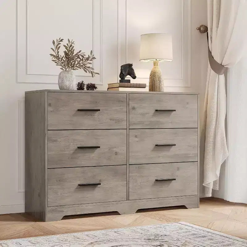 Commode à 6 tiroirs, commode moderne avec poignées métalliques, meuble TV en bois et organiseur de rangement pour chambre, salon