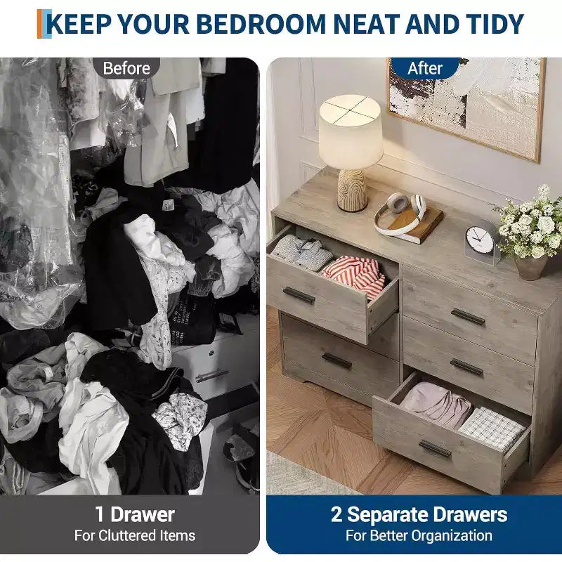 Commode à 6 tiroirs, commode moderne avec poignées métalliques, meuble TV en bois et organiseur de rangement pour chambre, salon