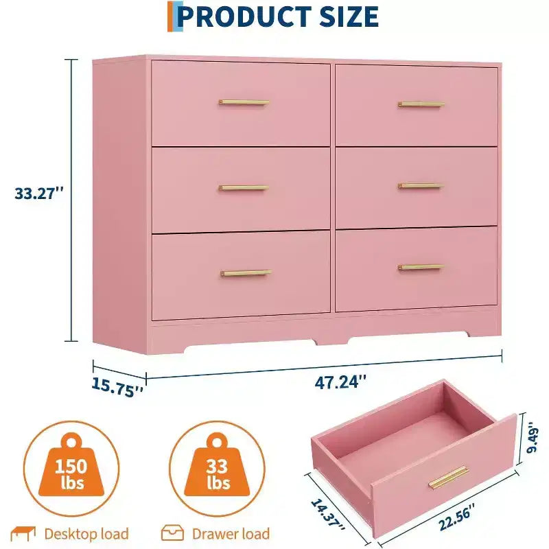 Commode à 6 tiroirs, commode moderne avec poignées métalliques, meuble TV en bois et organiseur de rangement pour chambre, salon