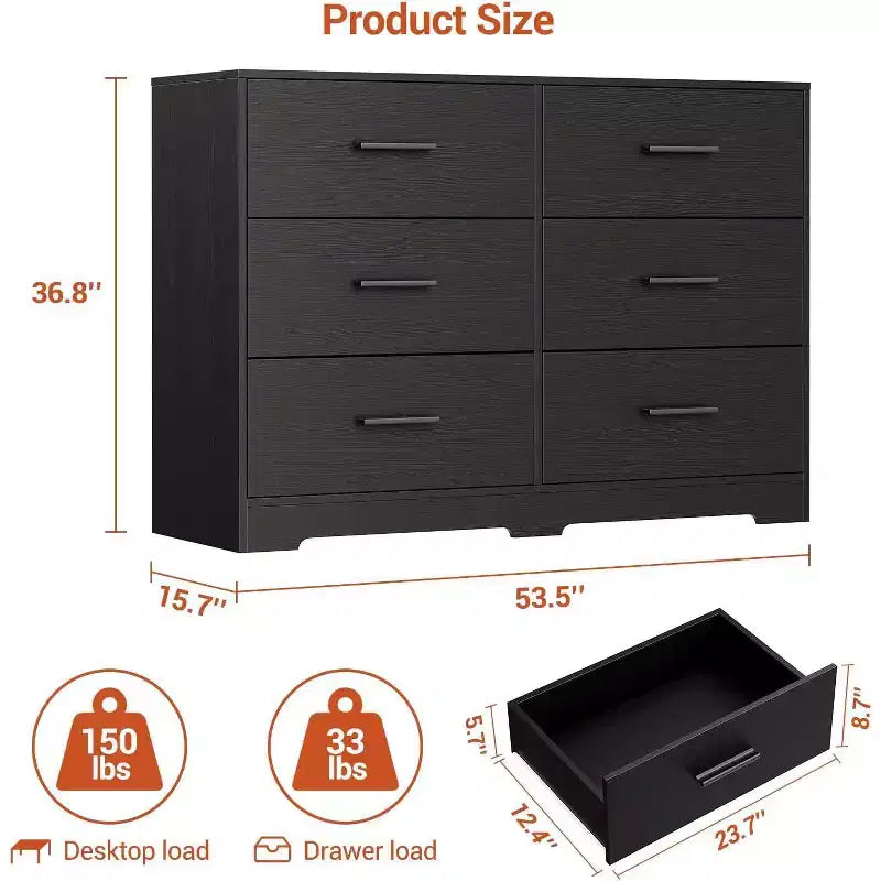 Commode à 6 tiroirs, commode moderne avec poignées métalliques, meuble TV en bois et organiseur de rangement pour chambre, salon