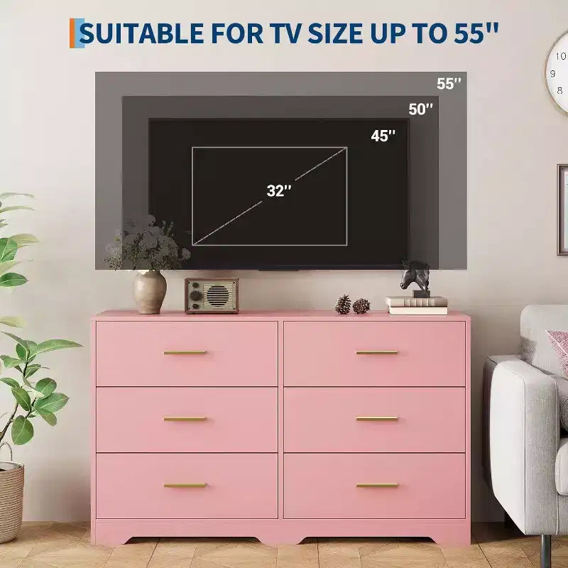 Commode à 6 tiroirs, commode moderne avec poignées métalliques, meuble TV en bois et organiseur de rangement pour chambre, salon