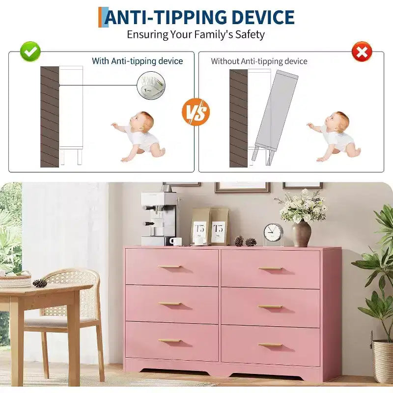 Commode à 6 tiroirs, commode moderne avec poignées métalliques, meuble TV en bois et organiseur de rangement pour chambre, salon