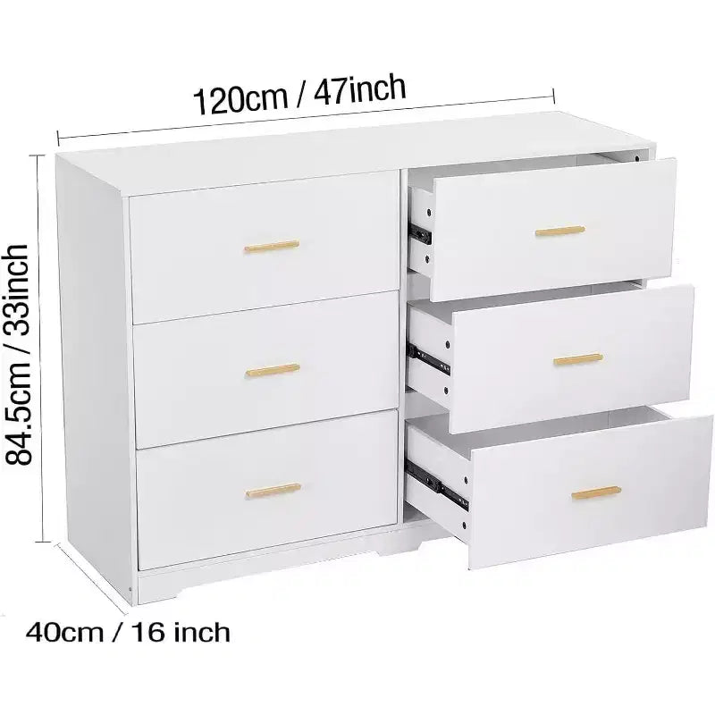 Commode à 6 tiroirs, commode moderne avec poignées métalliques, meuble TV en bois et organiseur de rangement pour chambre, salon