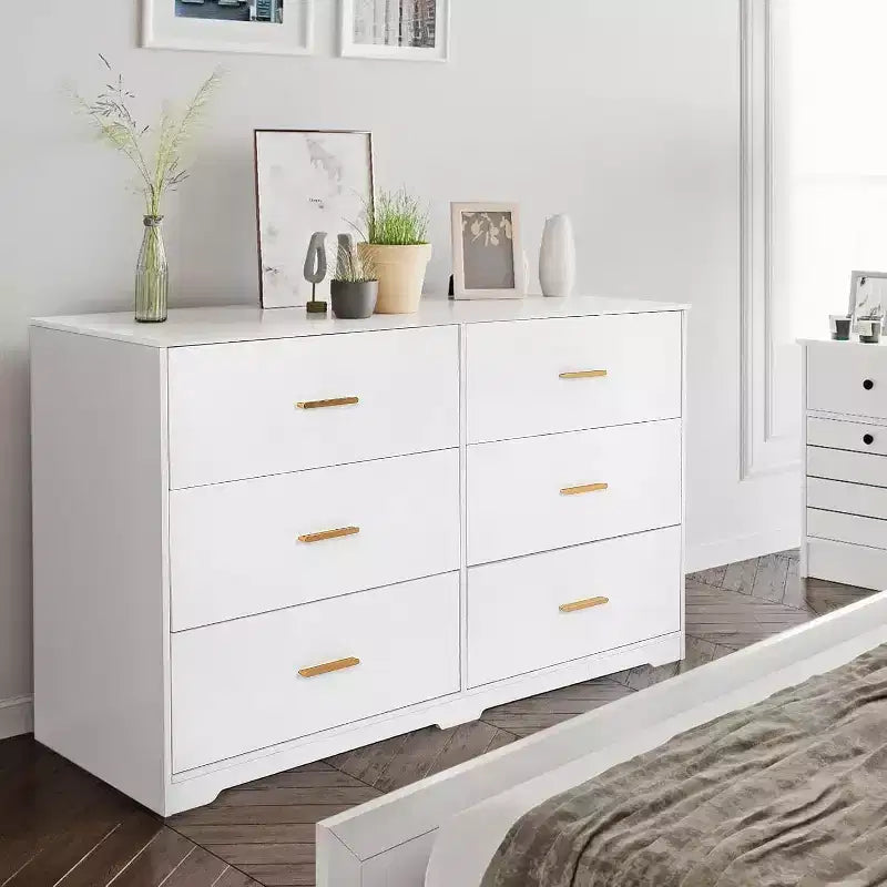Commode à 6 tiroirs, commode moderne avec poignées métalliques, meuble TV en bois et organiseur de rangement pour chambre, salon