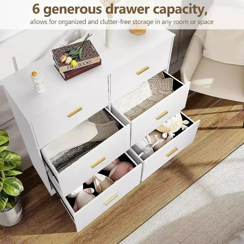 Commode à 6 tiroirs, commode moderne avec poignées métalliques, meuble TV en bois et organiseur de rangement pour chambre, salon