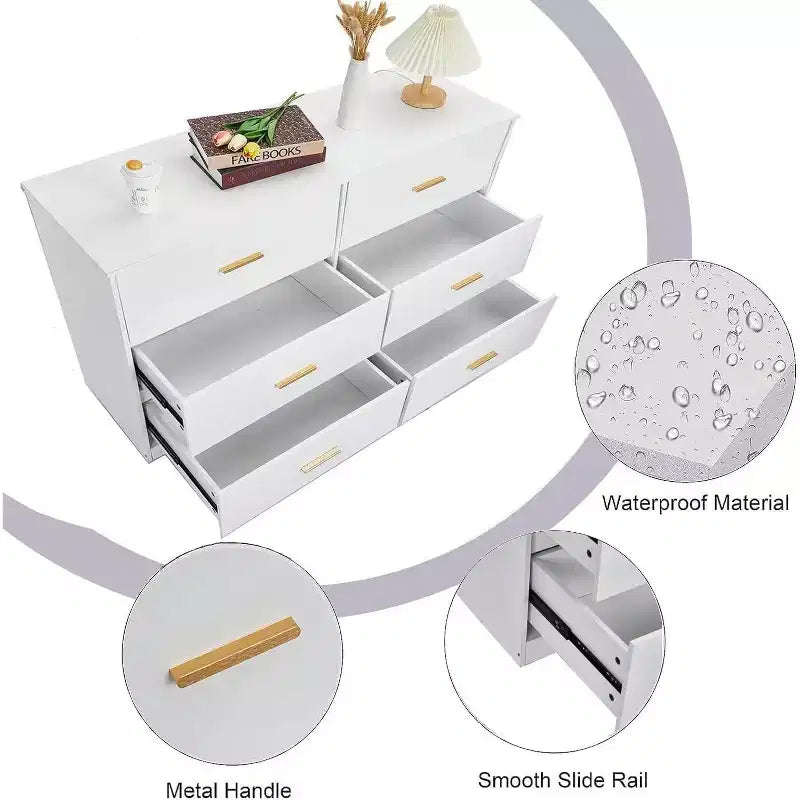 Commode à 6 tiroirs, commode moderne avec poignées métalliques, meuble TV en bois et organiseur de rangement pour chambre, salon