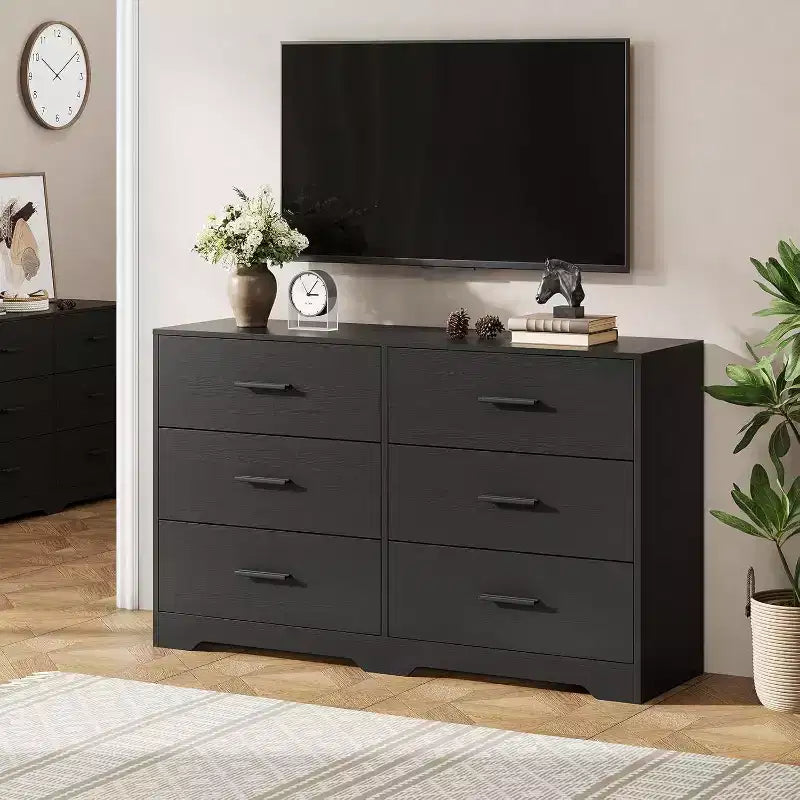 Commode à 6 tiroirs, commode moderne avec poignées métalliques, meuble TV en bois et organiseur de rangement pour chambre, salon