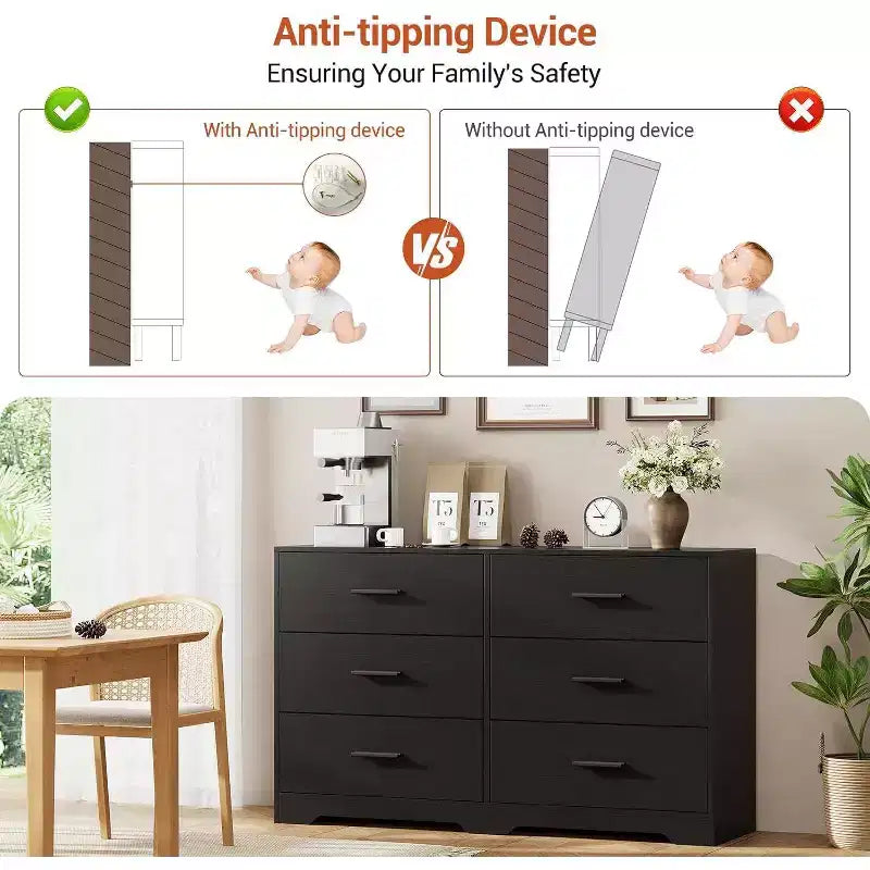 Commode à 6 tiroirs, commode moderne avec poignées métalliques, meuble TV en bois et organiseur de rangement pour chambre, salon