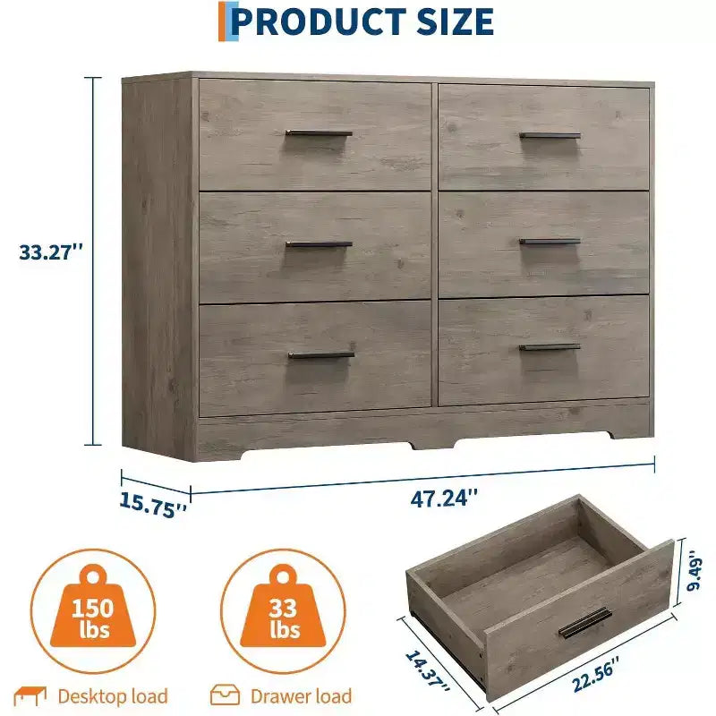 Commode à 6 tiroirs, commode moderne avec poignées métalliques, meuble TV en bois et organiseur de rangement pour chambre, salon