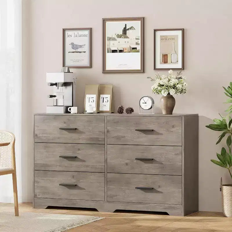 Commode à 6 tiroirs, commode moderne avec poignées métalliques, meuble TV en bois et organiseur de rangement pour chambre, salon
