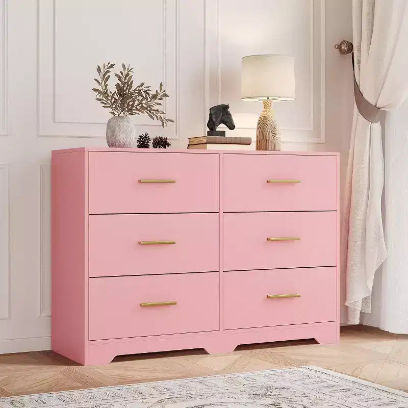 Commode à 6 tiroirs, commode moderne avec poignées métalliques, meuble TV en bois et organiseur de rangement pour chambre, salon