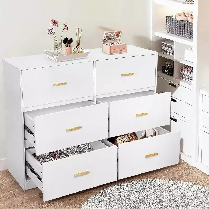 Commode à 6 tiroirs, commode moderne avec poignées métalliques, meuble TV en bois et organiseur de rangement pour chambre, salon