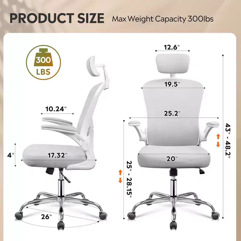Chaise de bureau ergonomique en maille avec accoudoirs relevables, appui-tête et support lombaire réglables