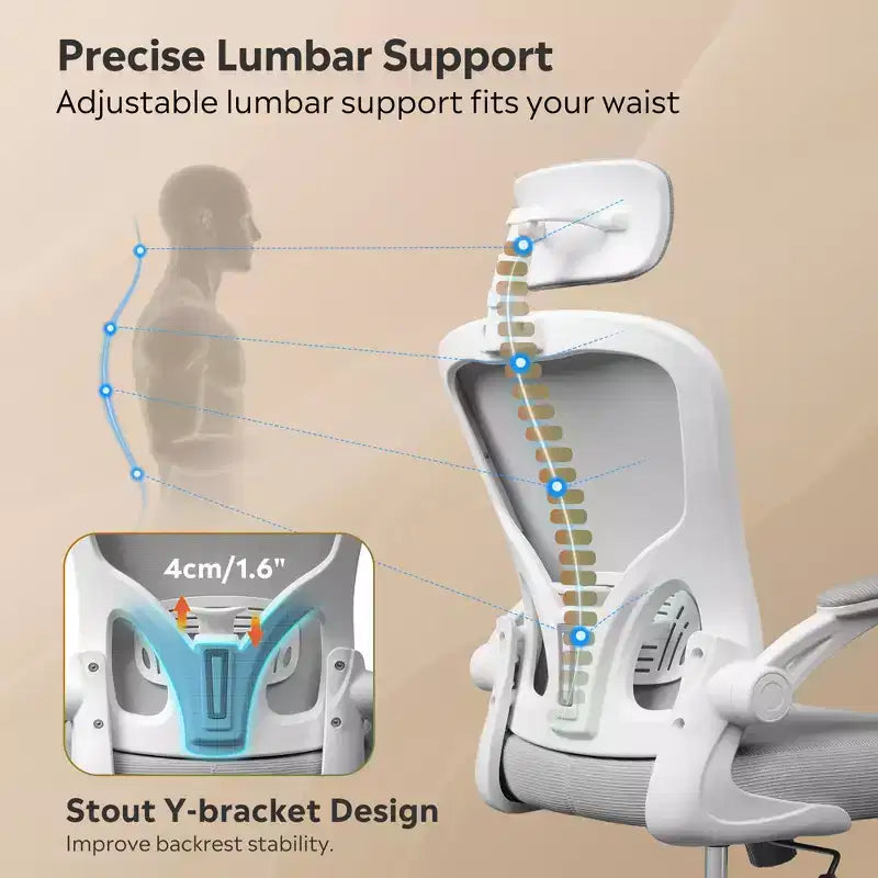 Chaise de bureau ergonomique en maille avec accoudoirs relevables, appui-tête et support lombaire réglables