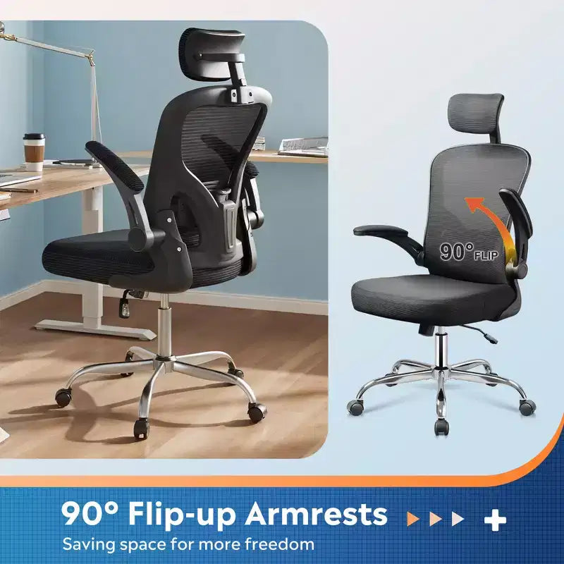 Chaise de bureau ergonomique en maille avec accoudoirs relevables, appui-tête et support lombaire réglables