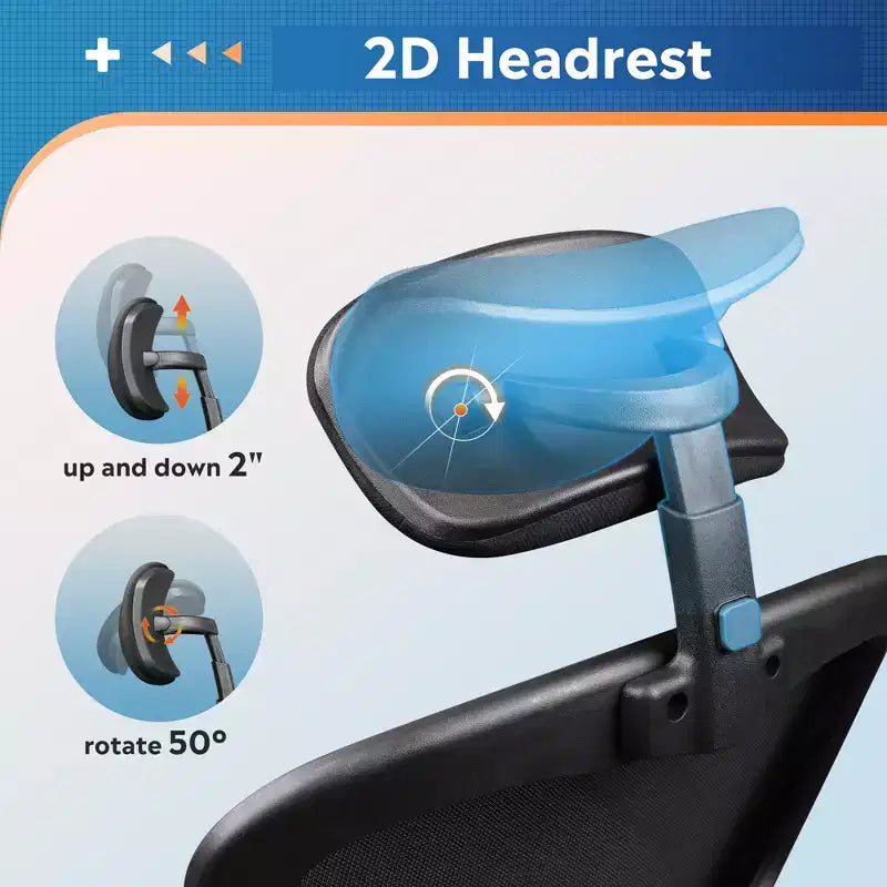 Chaise de bureau ergonomique en maille avec accoudoirs relevables, appui-tête et support lombaire réglables