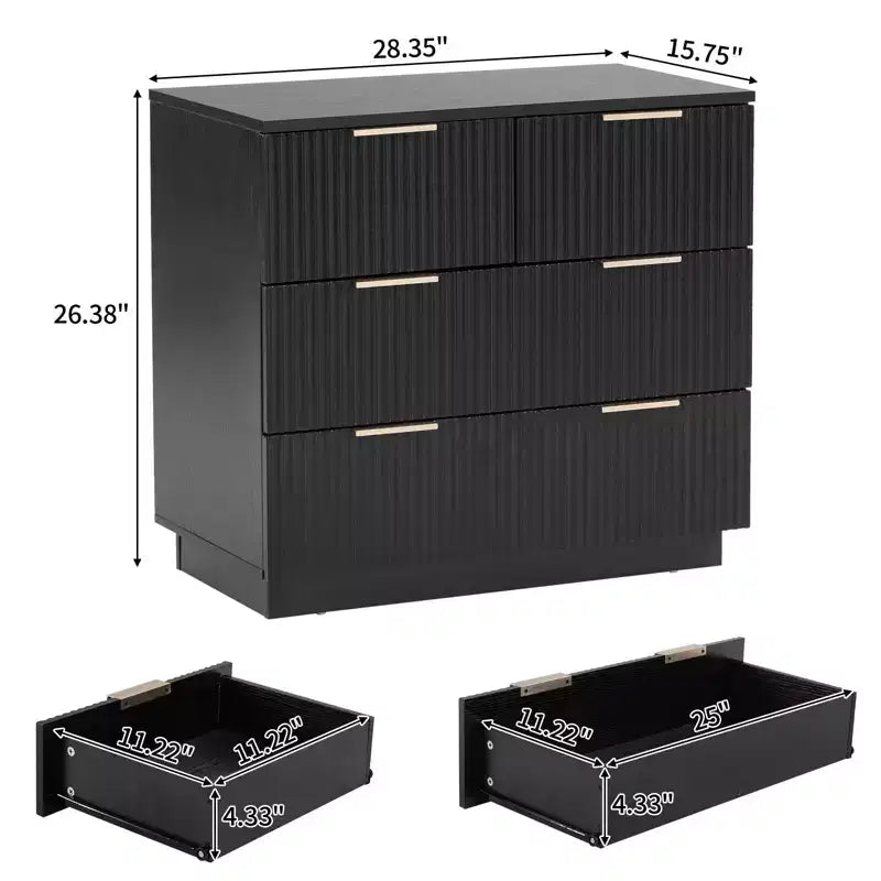 Table de chevet 4 tiroirs en MDF noir 71 cm avec façade ondulée