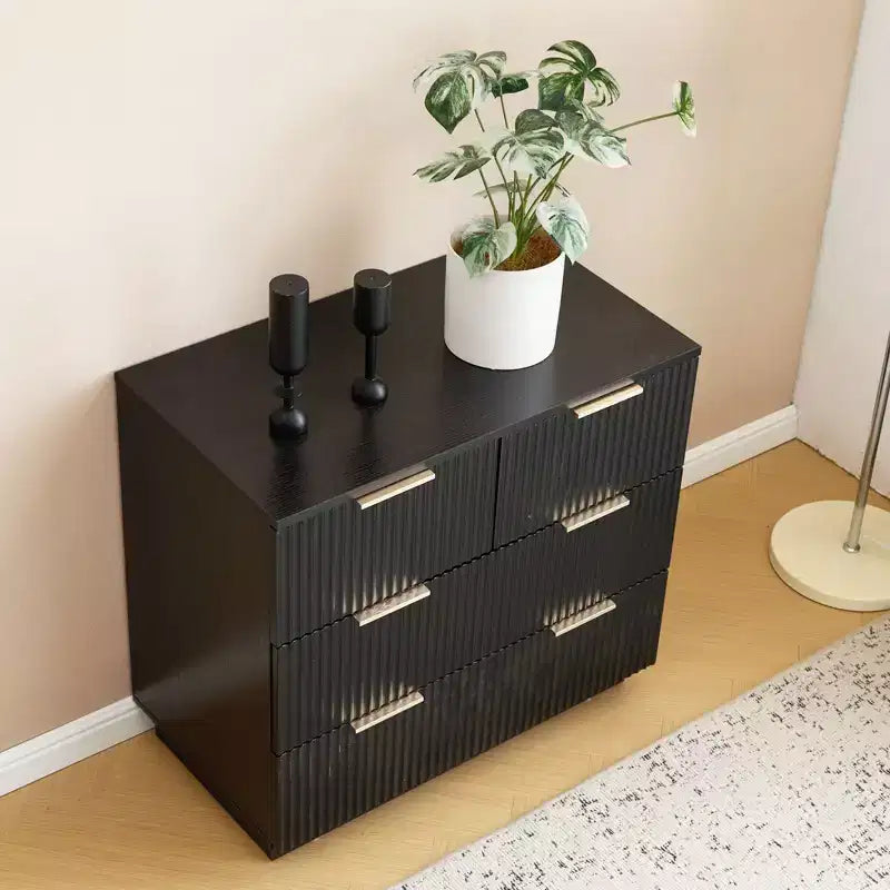 Table de chevet 4 tiroirs en MDF noir 71 cm avec façade ondulée