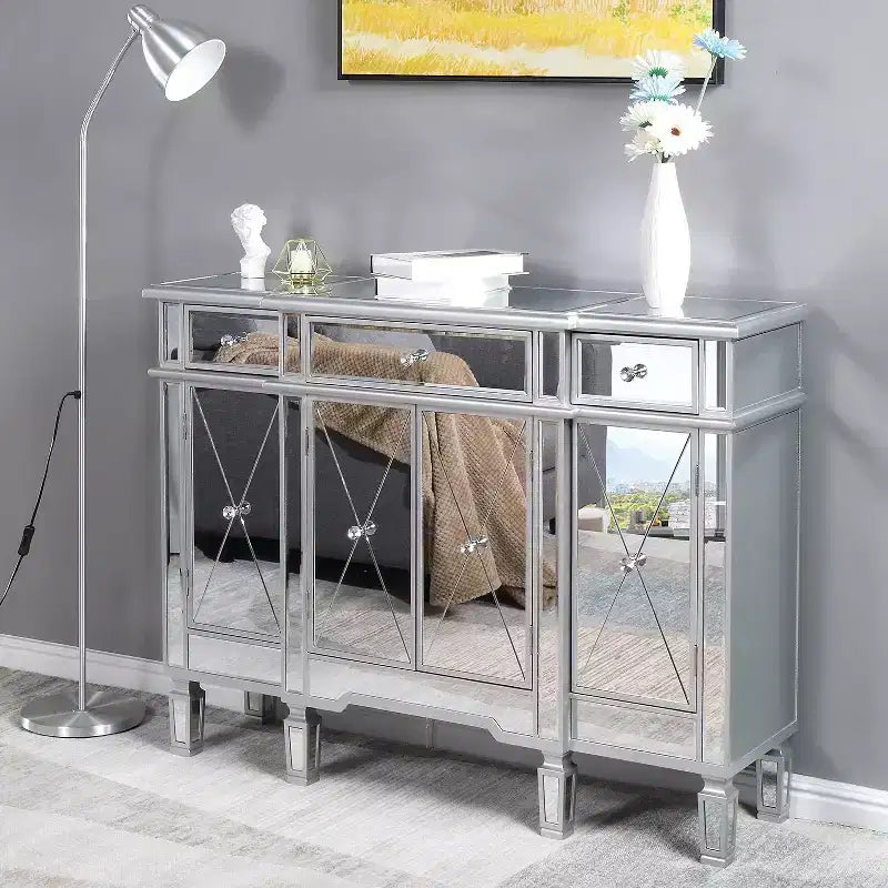 Commode 3 tiroirs en MDF argenté 48" avec 4 portes