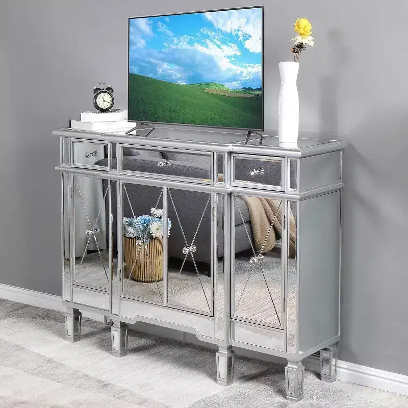 Commode 3 tiroirs en MDF argenté 48" avec 4 portes