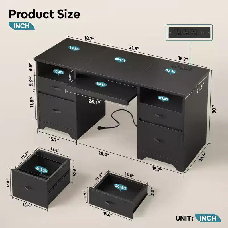 Bureau d'ordinateur de 150 cm avec station de charge et tiroir pour clavier, bureau exécutif moderne avec tiroirs pour le bureau à domicile