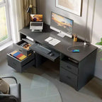Bureau d'ordinateur de 150 cm avec station de charge et tiroir pour clavier, bureau exécutif moderne avec tiroirs pour le bureau à domicile