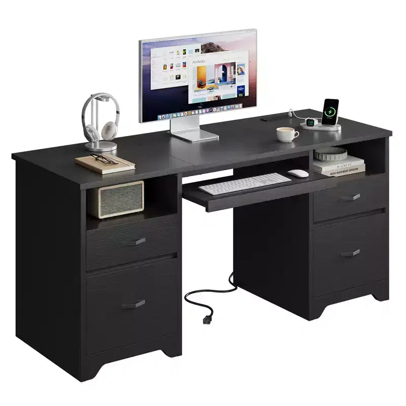 Bureau d'ordinateur de 150 cm avec station de charge et tiroir pour clavier, bureau exécutif moderne avec tiroirs pour le bureau à domicile