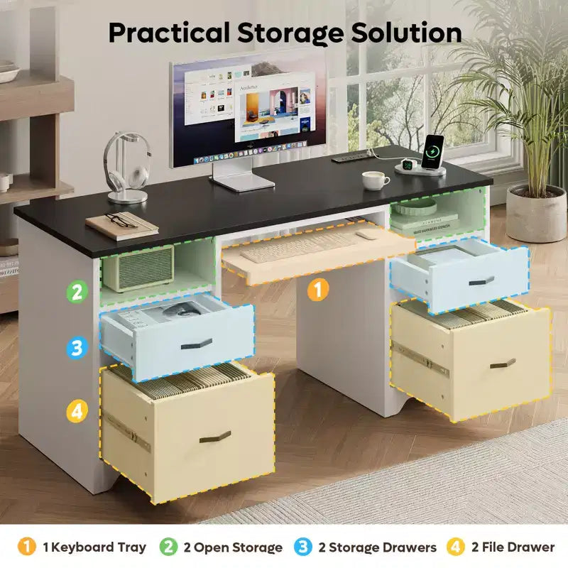 Bureau d'ordinateur de 150 cm avec station de charge et tiroir pour clavier, bureau exécutif moderne avec tiroirs pour le bureau à domicile
