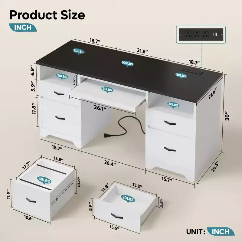 Bureau d'ordinateur de 150 cm avec station de charge et tiroir pour clavier, bureau exécutif moderne avec tiroirs pour le bureau à domicile