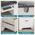 Bureau d'ordinateur de 150 cm avec station de charge et tiroir pour clavier, bureau exécutif moderne avec tiroirs pour le bureau à domicile