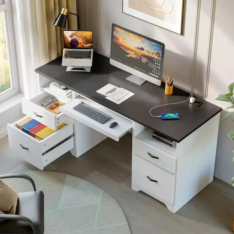 Bureau d'ordinateur de 150 cm avec station de charge et tiroir pour clavier, bureau exécutif moderne avec tiroirs pour le bureau à domicile