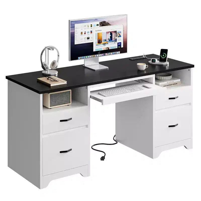 Bureau d'ordinateur de 150 cm avec station de charge et tiroir pour clavier, bureau exécutif moderne avec tiroirs pour le bureau à domicile
