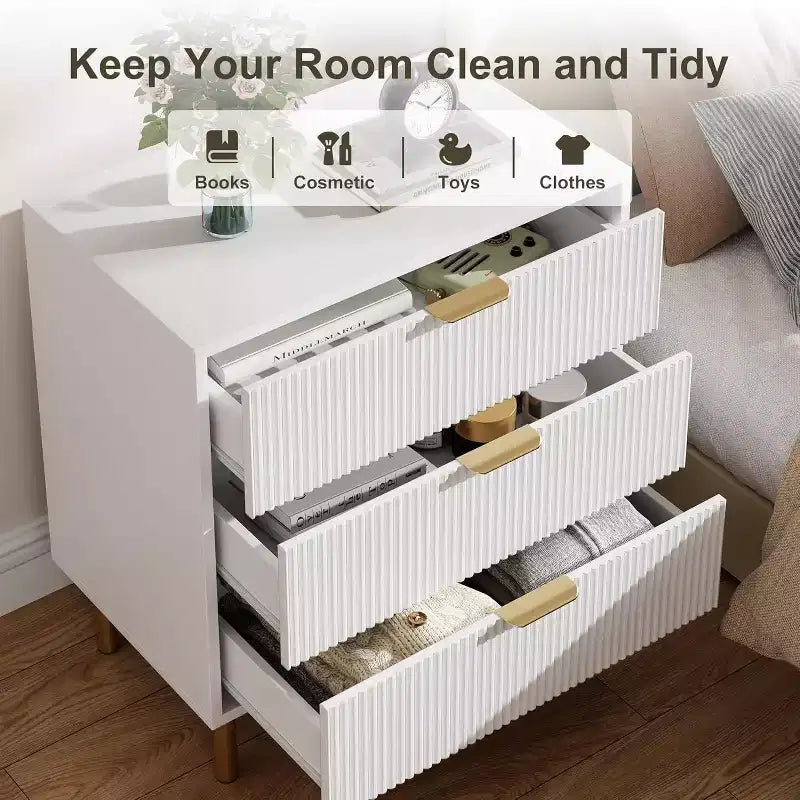 Commode moderne à 3 tiroirs – Poignée dorée et grand espace de rangement pour chambre et salon