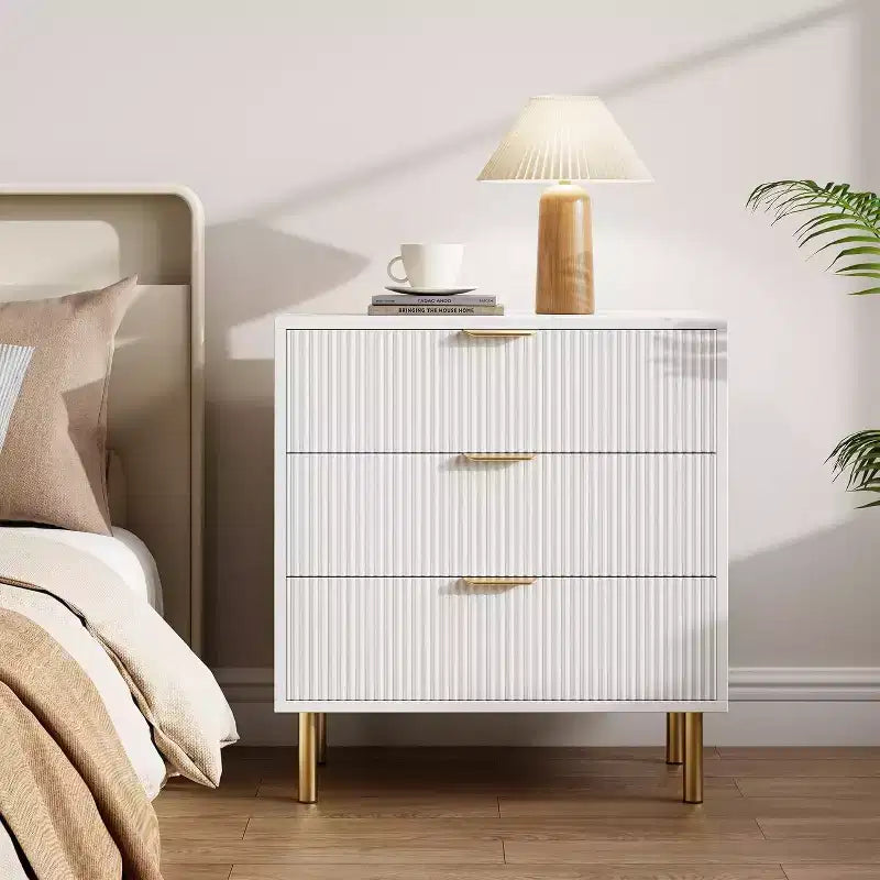 Commode moderne à 3 tiroirs – Poignée dorée et grand espace de rangement pour chambre et salon