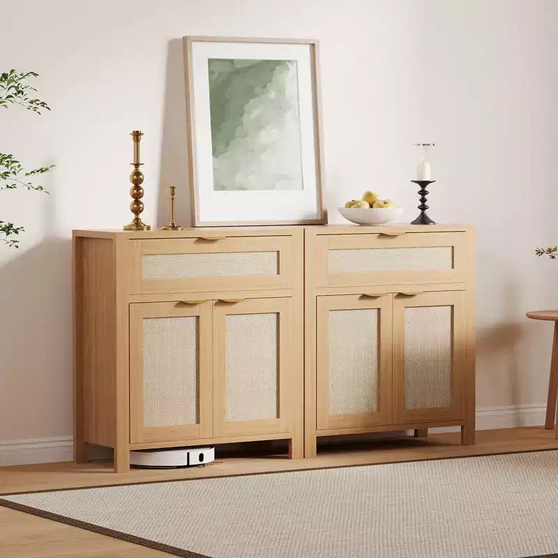 Buffet bahut moderne en rotin avec portes, meuble d'appoint étroit bohème avec rangement, console de bar à café