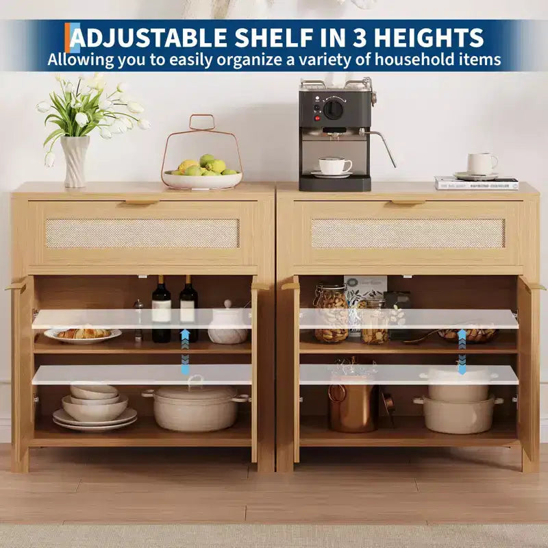 Buffet bahut moderne en rotin avec portes, meuble d'appoint étroit bohème avec rangement, console de bar à café